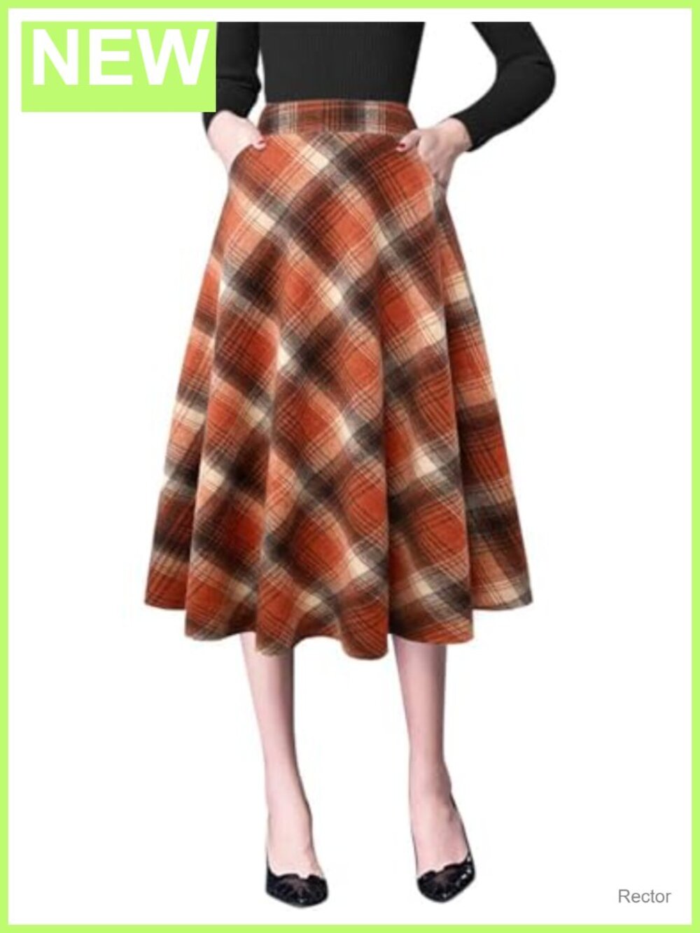 Wool Blend Plaid High Waist A-Line Pleated Midi Skirt